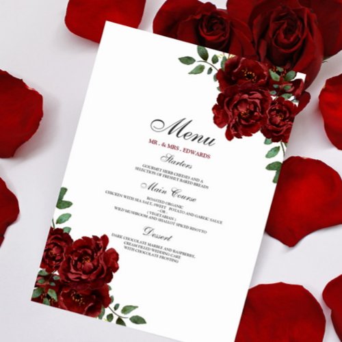 Romantic Burgundy Red Rose Wedding Menu