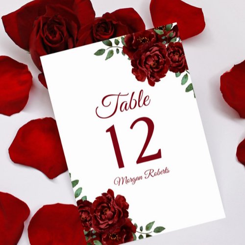 Romantic Burgundy Red Rose Wedding or Quinceanera Table Number