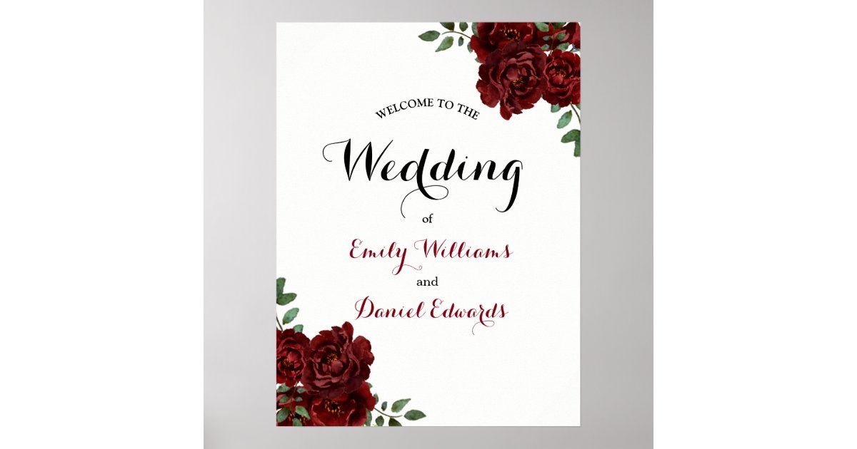 Romantic Burgundy Red Rose Wedding Sign | Zazzle