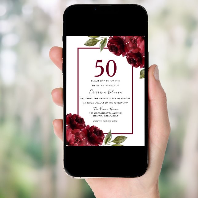 Romantic Burgundy Red Roses 50th Birthday Party Invitation (Front Digital)