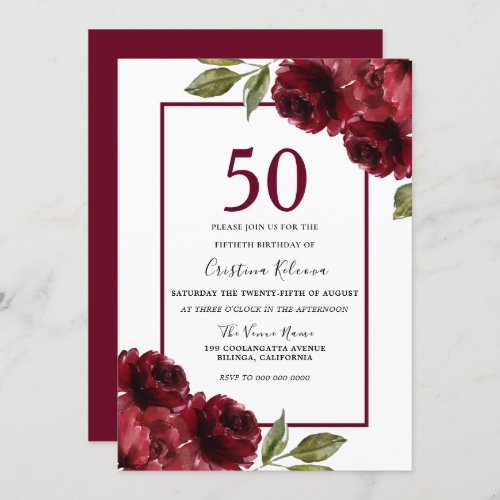 Romantic Burgundy Red Roses 50th Birthday Party Invitation