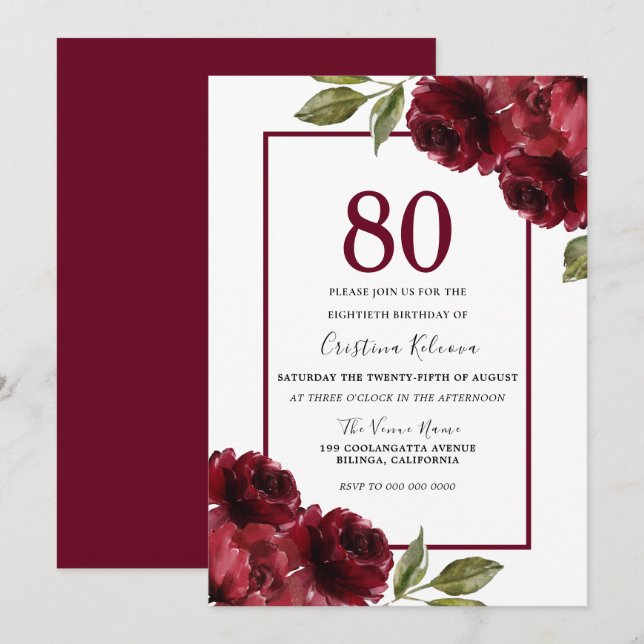 Romantic Burgundy Red Roses 80th Birthday Party Invitation (Front/Back)