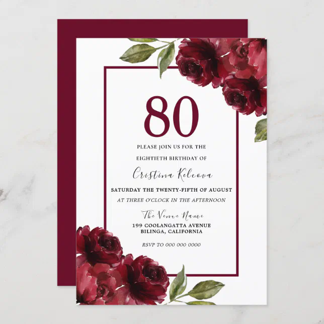 Romantic Burgundy Red Roses 80th Birthday Party Invitation | Zazzle