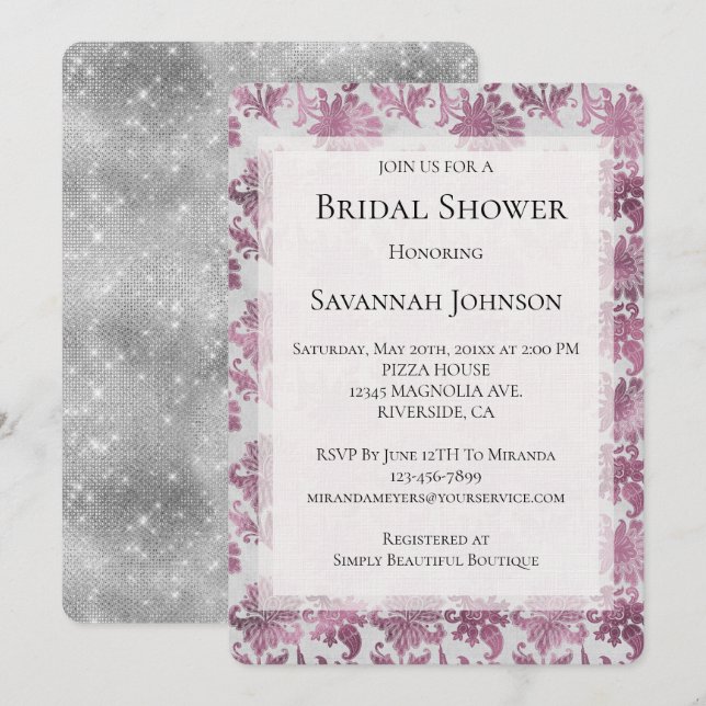 Romantic Burgundy Red Silver Floral Bridal Shower Invitation (Front/Back)