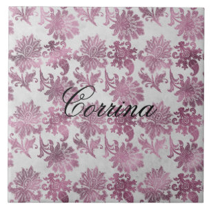 Romantic Burgundy Red Silver Floral Ceramic Tile