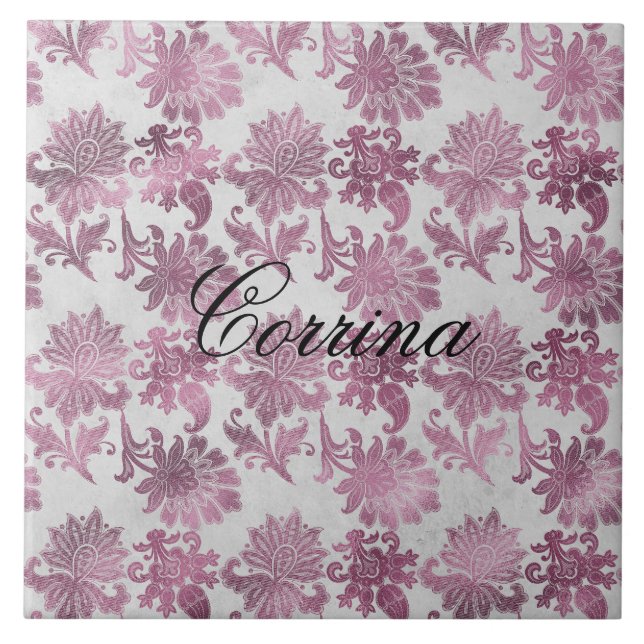 Romantic Burgundy Red Silver Floral  Ceramic Tile (Front)