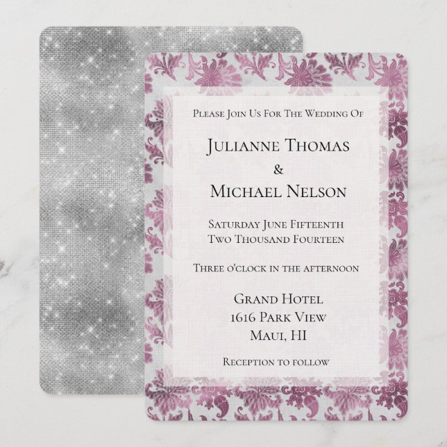 Romantic Burgundy Red Silver Floral Wedding Invitation (Front/Back)