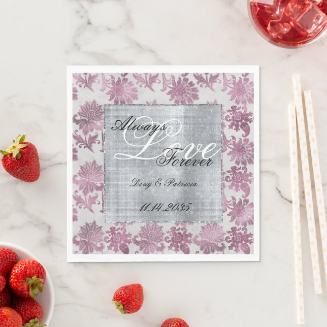 Romantic Burgundy Red Silver Floral Wedding Napkins (Insitu)