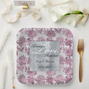 Romantic Burgundy Red Silver Floral Wedding Paper Plates
