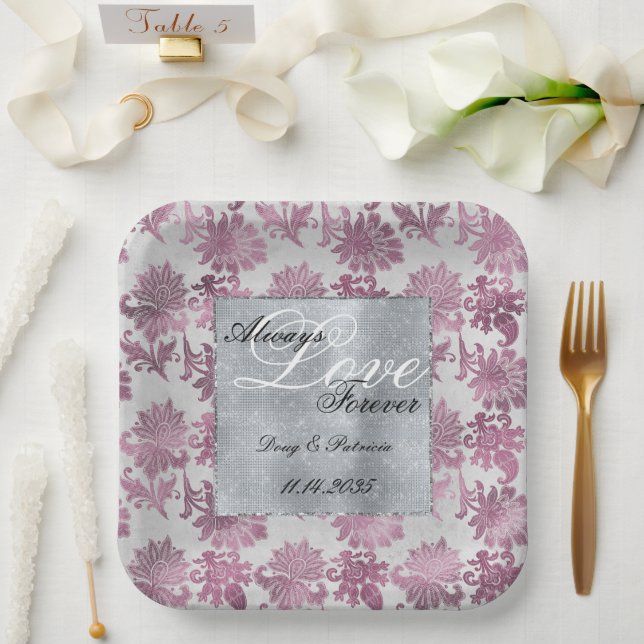 Romantic Burgundy Red Silver Floral Wedding Paper Plates (Wedding)