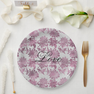 Romantic Burgundy Red Silver Floral Wedding Paper Plates
