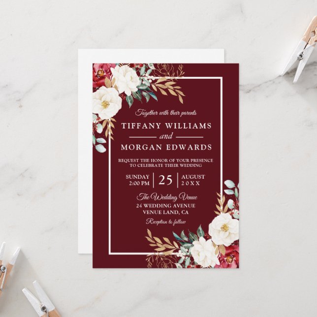 Romantic Burgundy Red White Elegant Floral Wedding Invitation (Front/Back In Situ)