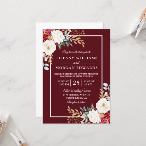 Romantic Burgundy Red White Elegant Floral Wedding Invitation