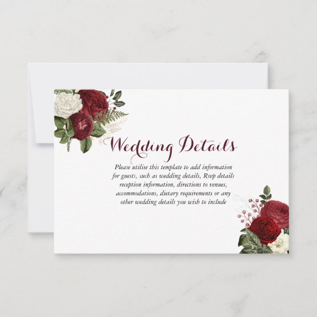 Romantic Burgundy Red White Floral Wedding Details Invitation (Front)