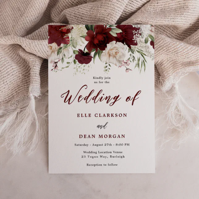 Romantic Burgundy Red & White Floral Wedding Invitation | Zazzle