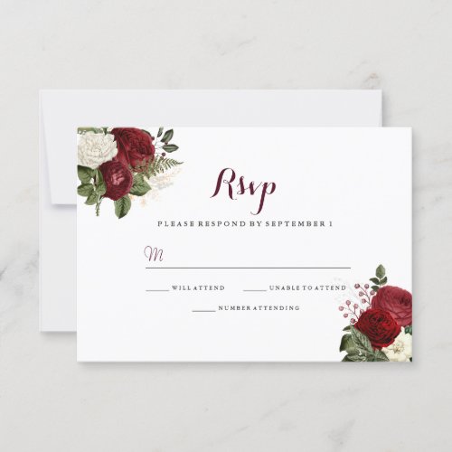 Romantic Burgundy Red White Floral Wedding RSVP