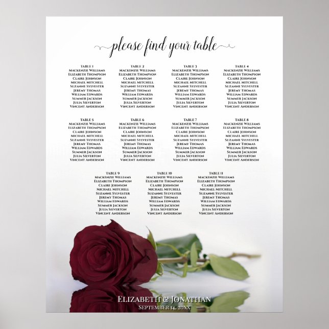 Romantic Burgundy Rose 11 Table Seating Chart (Front)
