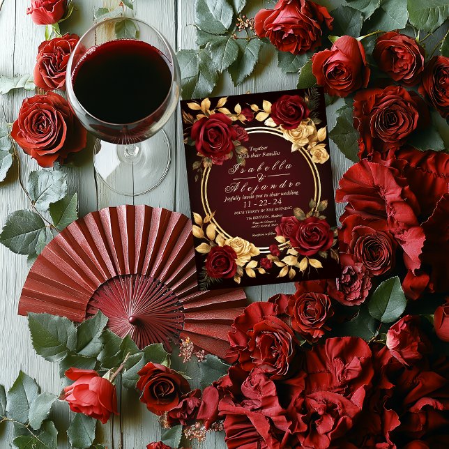 Romantic Burgundy Rose and Gold Script  Invitation (https://www.zazzle.com/romantic_burgundy_rose_and_gold_script_invitation-256452137443029033)