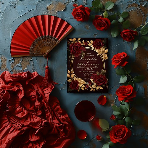 Romantic Burgundy Rose and Gold Script  Invitation