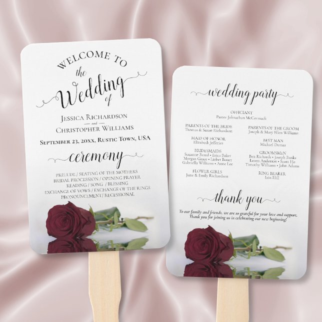 Romantic Burgundy Rose Elegant Wedding Program Hand Fan (Front/Back)