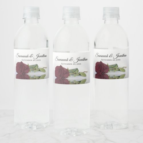 Romantic Burgundy Rose Elegant Wedding Water Bottle Label