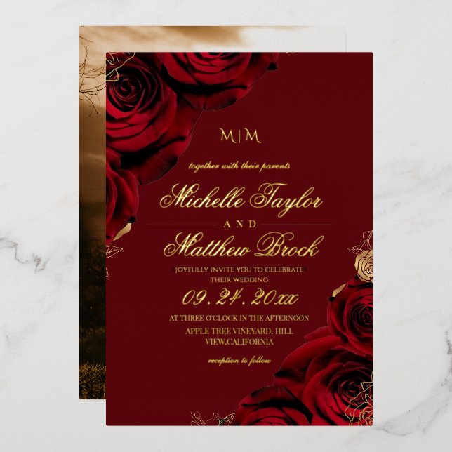Romantic Burgundy Rose Wedding Foil Invitation (Front/Back)