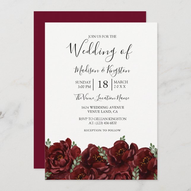 Romantic Burgundy Rose Wedding Invitation (Front/Back)