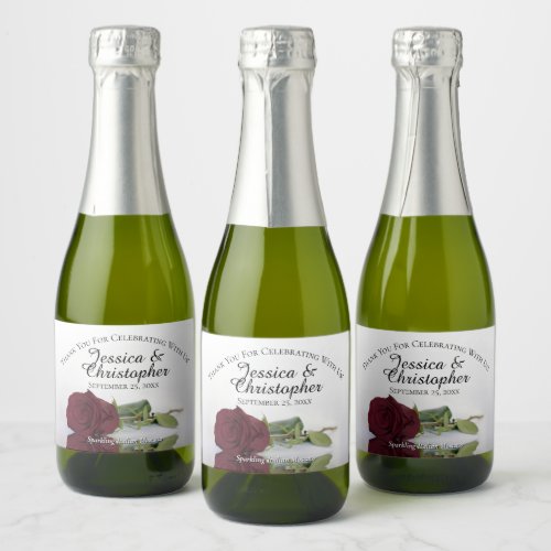 Romantic Burgundy Rose Wedding Thank You Mini Sparkling Wine Label