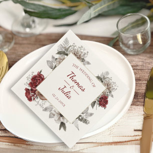 Romantic Burgundy & Silver Floral Wedding Napkins
