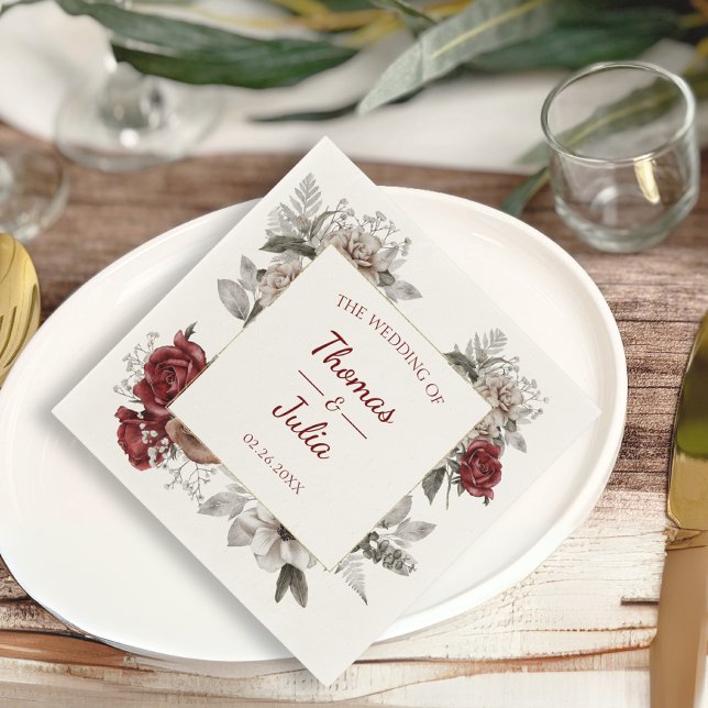 Romantic Burgundy & Silver Floral Wedding Napkins (Romantic Burgundy & Silver Floral Wedding Napkins)