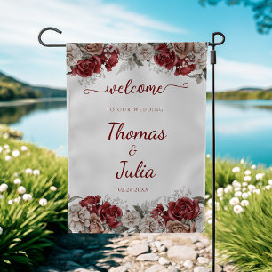 Romantic Burgundy & Silver Wedding Welcome Garden Flag