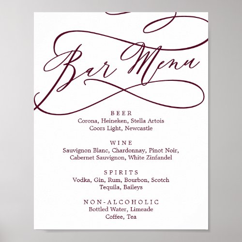 Romantic Burgundy Text Calligraphy Bar Menu Poster