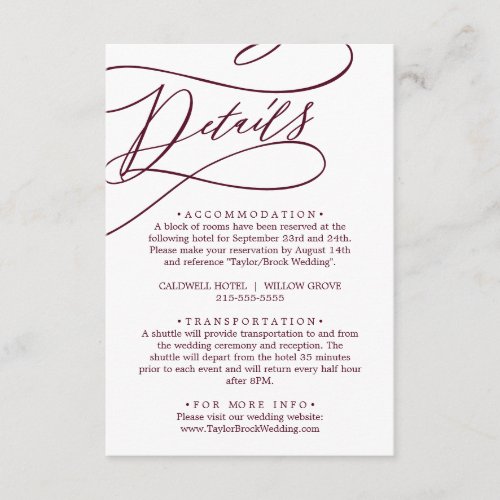 Romantic Burgundy Text Calligraphy Details Enclosure Card