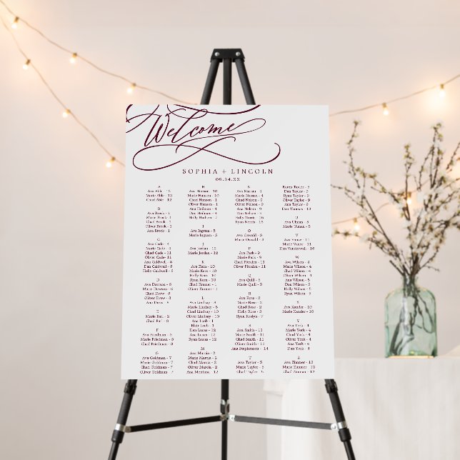 Romantic Burgundy Text Calligraphy Seating Chart Foam Board (In Situ (Stand))