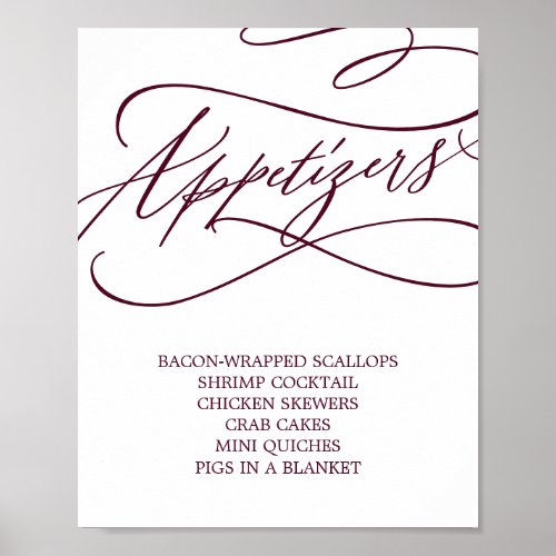 Romantic Burgundy Text Wedding Appetizers Poster