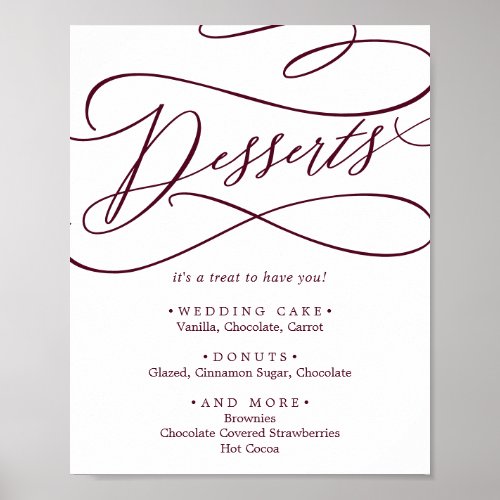 Romantic Burgundy Text Wedding Desserts Poster