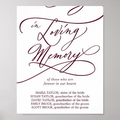 Romantic Burgundy Text Wedding In Loving Memory Poster