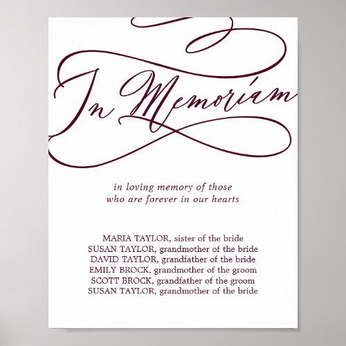 Romantic Burgundy Text Wedding In Memoriam Poster
