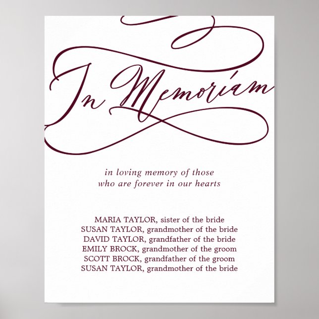 Romantic Burgundy Text Wedding In Memoriam Poster (Front)