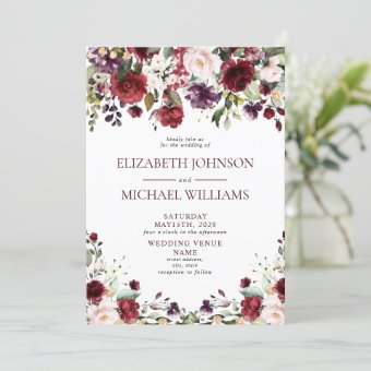 Romantic Burgundy Watercolor Floral Wedding Invitation | Zazzle