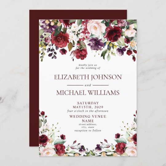 Romantic Burgundy Watercolor Floral Wedding Invitation | Zazzle.com