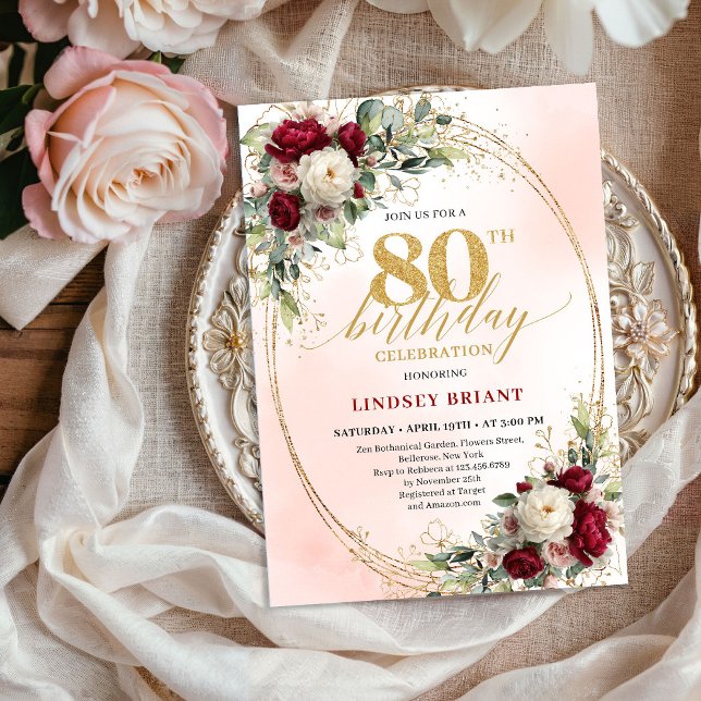 Romantic Burgundy Watercolor Flowers 80th Birthday Invitation (Romantic Burgundy Watercolor Flowers 80th Birthday Invite)