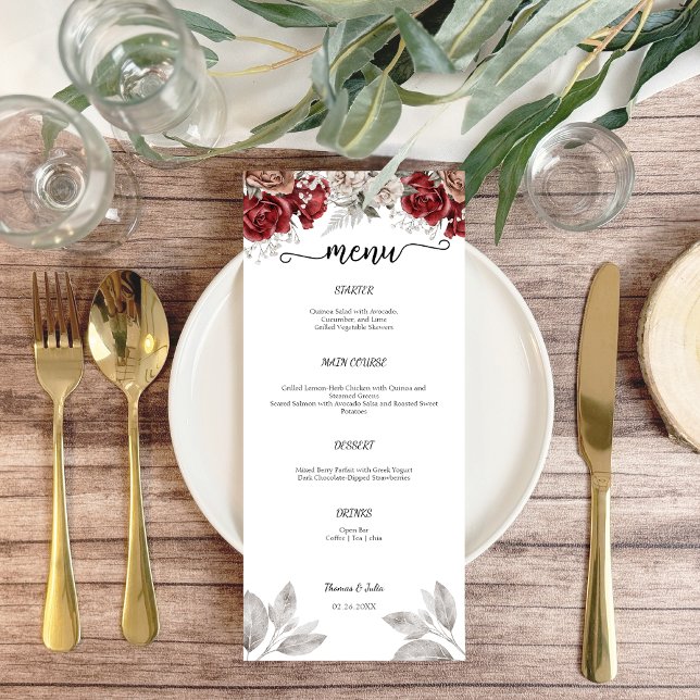 Romantic Burgundy Watercolor Wedding Flat Menu (Romantic Burgundy Watercolor Wedding Flat Menu)