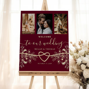 Romantic Burgundy Wedding Welcome Sign with Photos