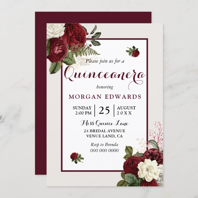 Romantic Burgundy White Floral Quinceanera Invite (Front/Back)