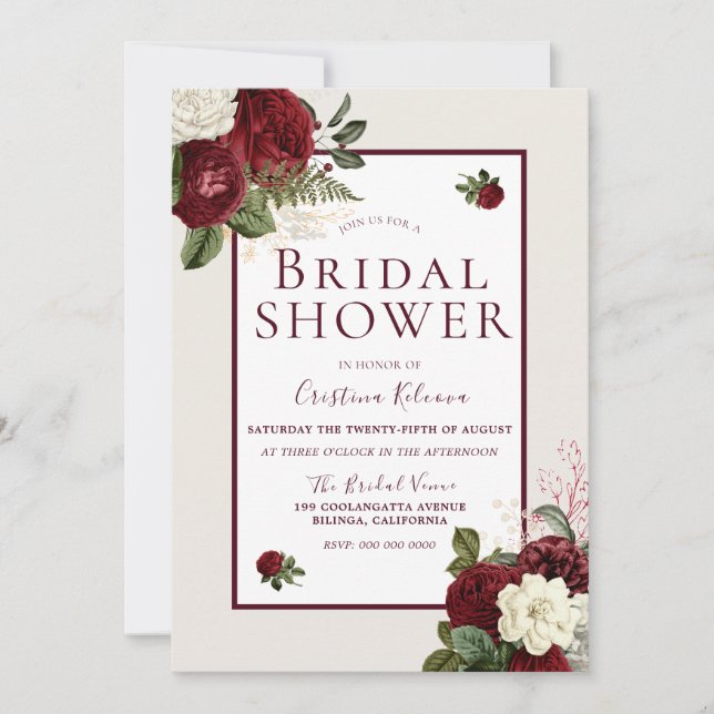Romantic Burgundy White Flowers Bridal Shower Invitation (Front)