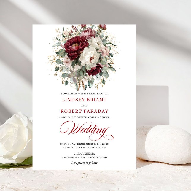Romantic Burgundy White Flowers Wedding Invitation (Romantic Burgundy White Flowers Wedding Invitation)