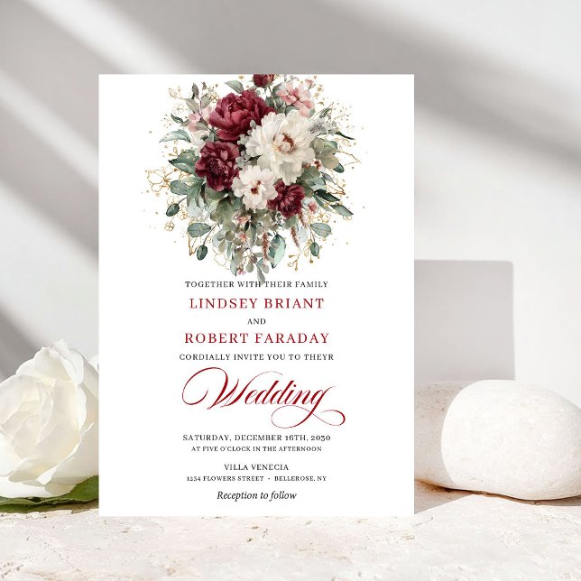 Romantic Burgundy White Gold Frame Wedding Invite (Romantic Burgundy White Gold Frame Wedding Invite)