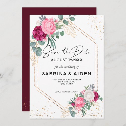 Romantic BurgundyBlush Pink Floral Save The Date 