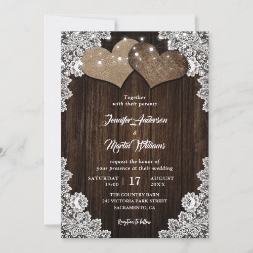 Romantic Burlap and Lace String Lights Wedding Invitation